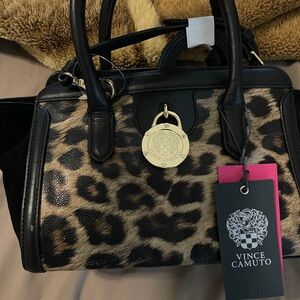 Vince Camuto Black and Tan Leopard Satchel